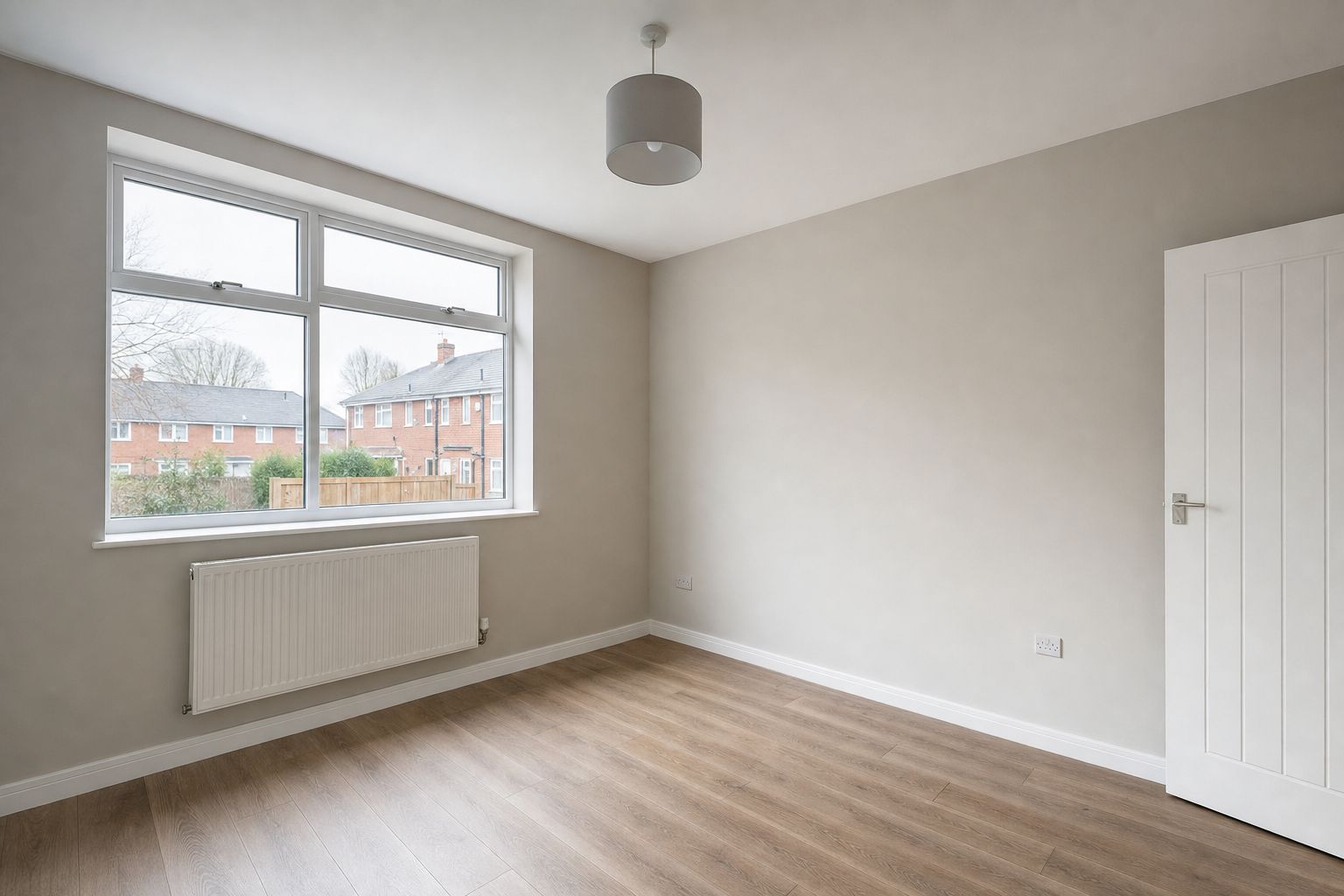 Empty room with wooden floor, large window, radiator, and a white door, overlooking brick houses and greenery outside.