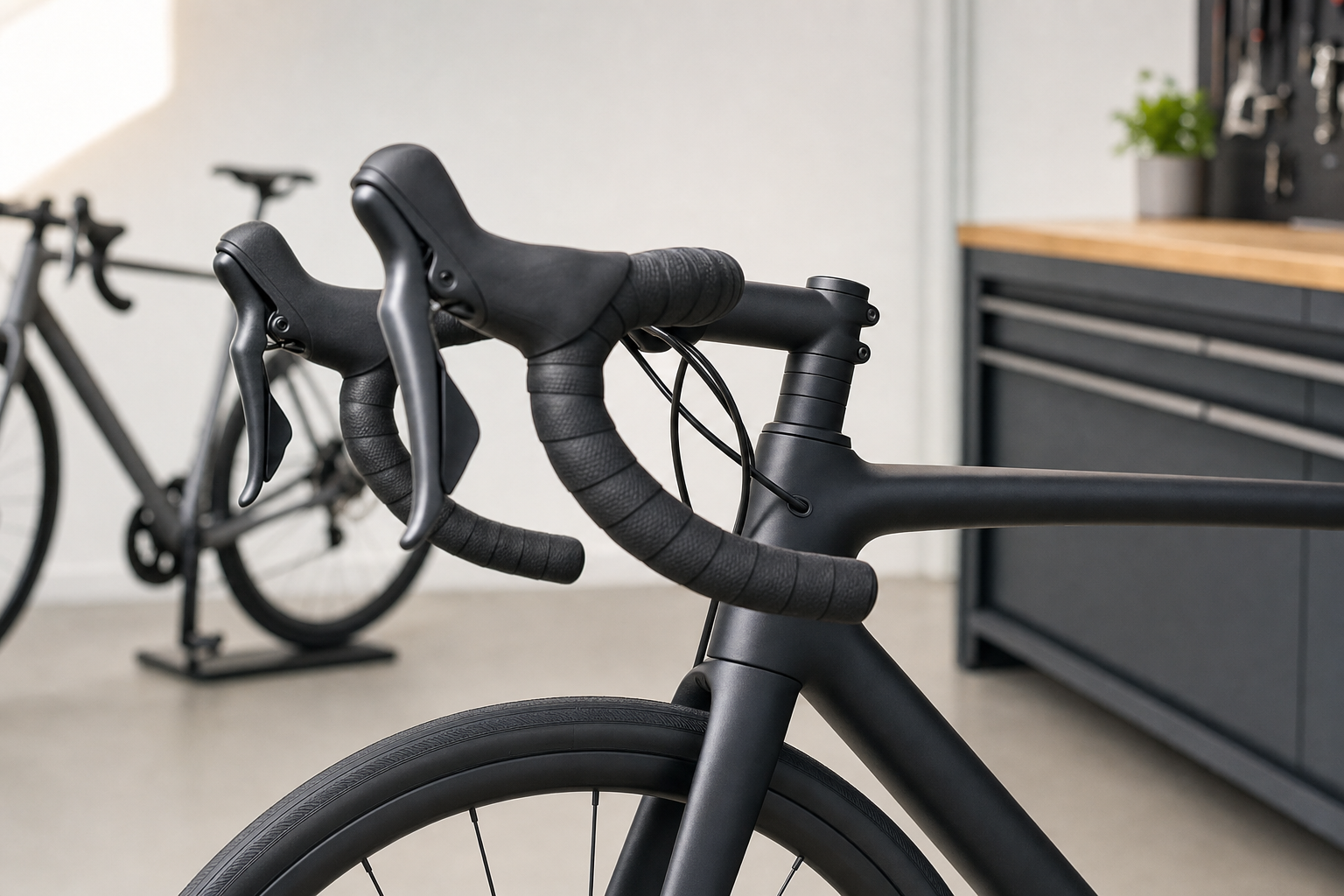 Close-up of a black road bike's handlebars in a modern workshop with another bike in the background.