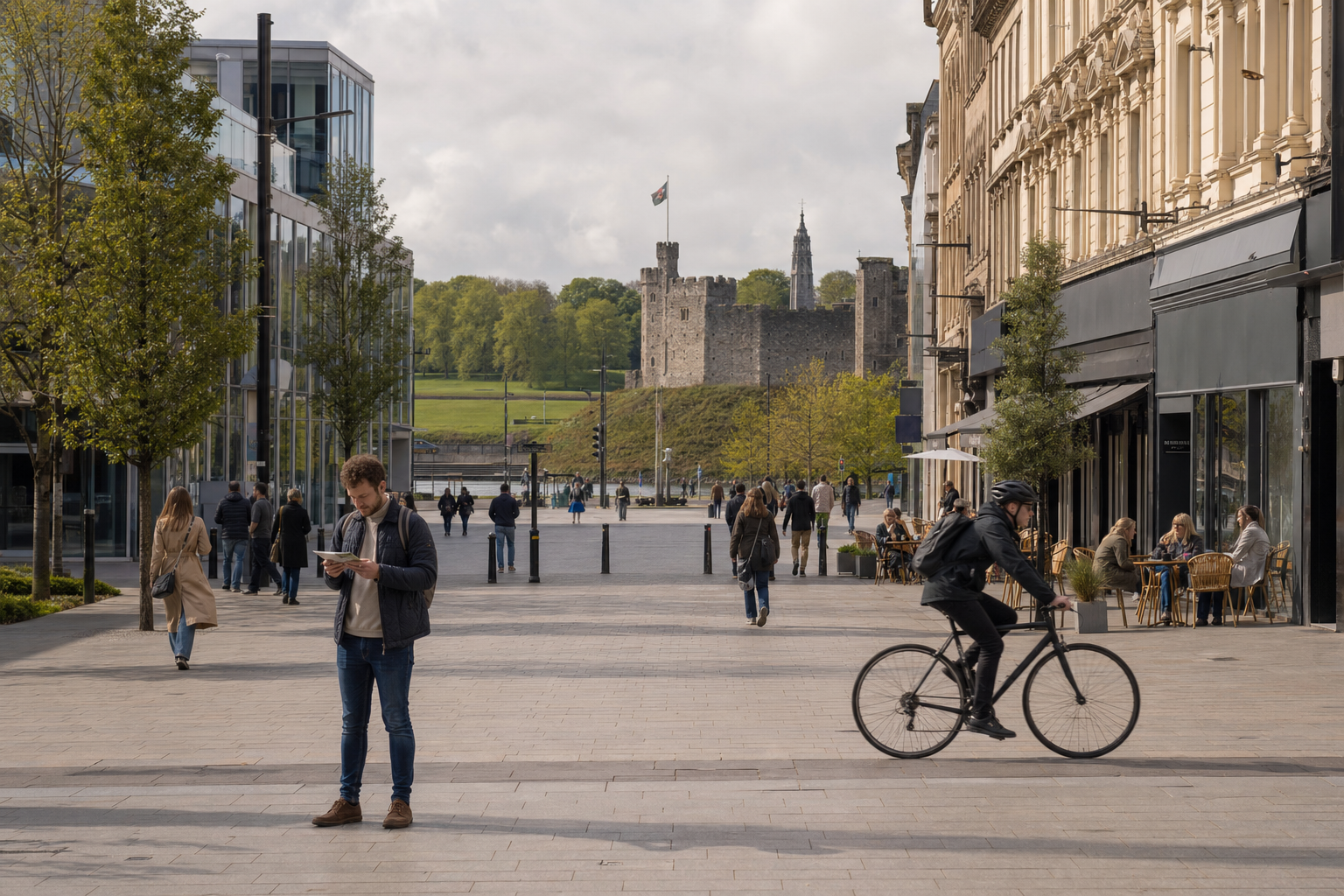 A bustling pedestrian street lined with shops, a cyclist, and a distant view of a castle on a sunny day.