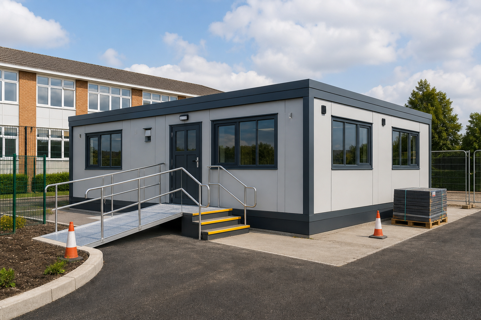 A modular building with a ramp and stairs outside stands on an asphalt area near a brick building.