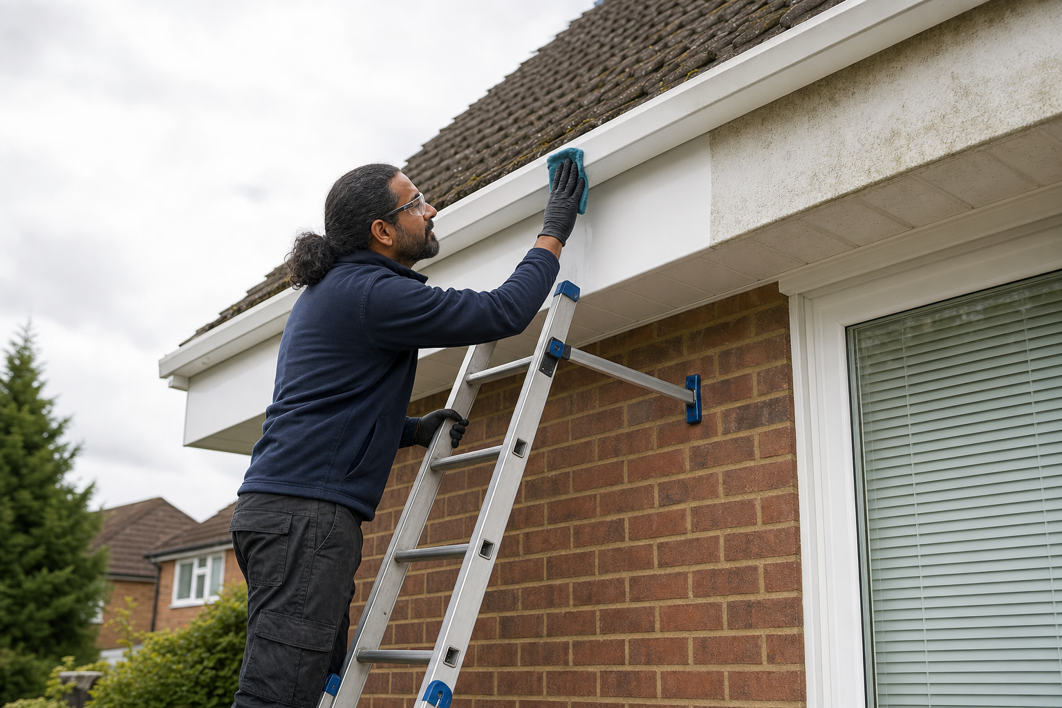 A man cleans the fascia of a house using a cloth while standing on a ladder.