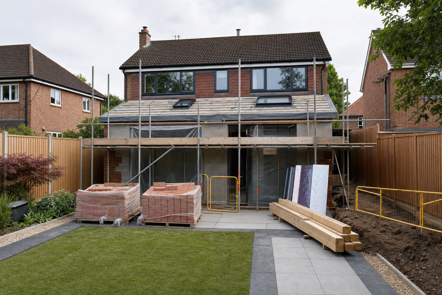 A partially constructed house extension with scaffolding, stacks of bricks, and wooden planks in the garden.