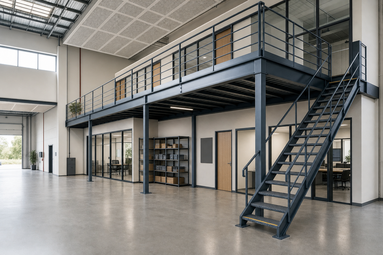 Spacious industrial loft with a metal staircase leading to glass-walled offices and meeting rooms.