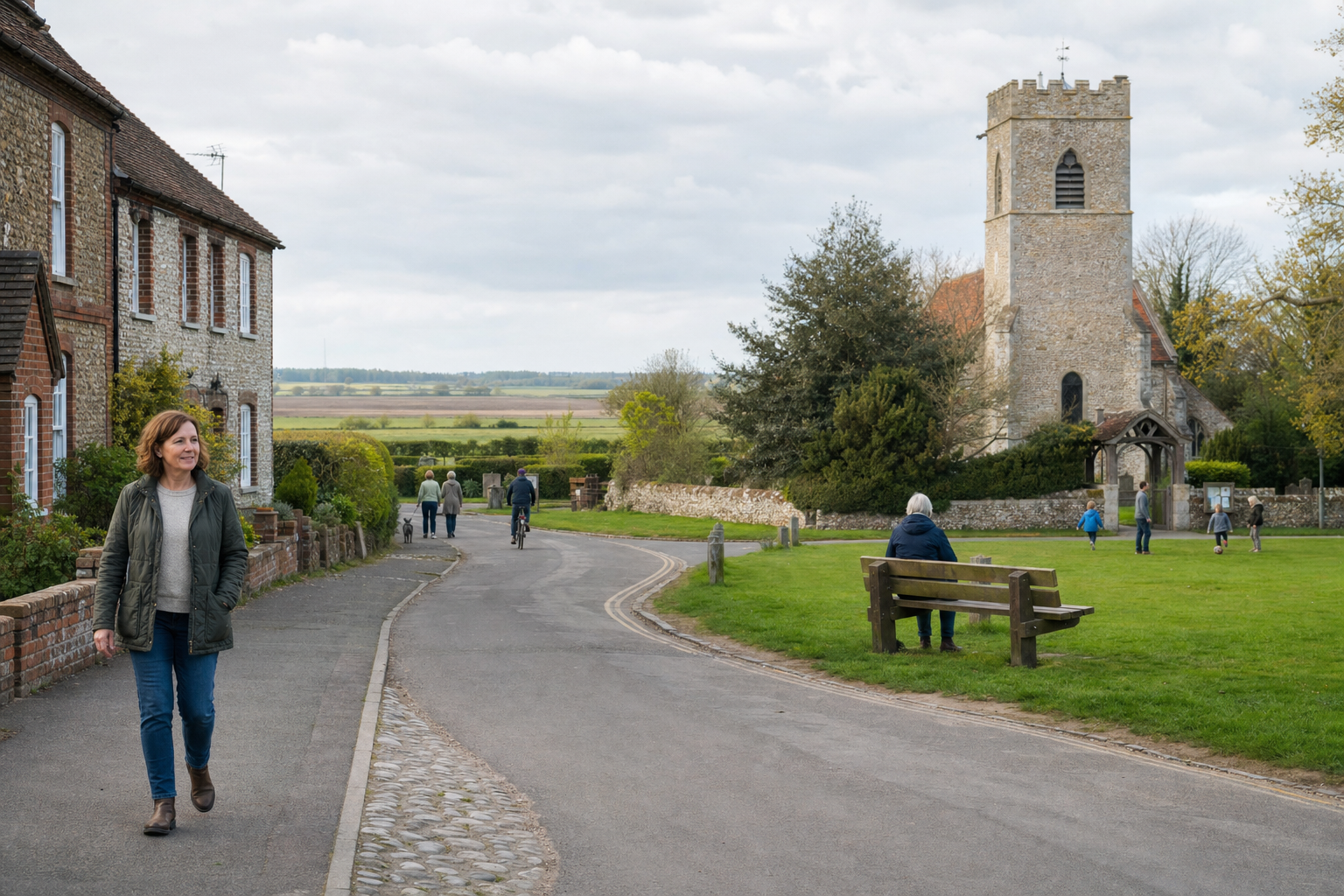 A woman walks along a village path near stone cottages, with a church and people on the green.