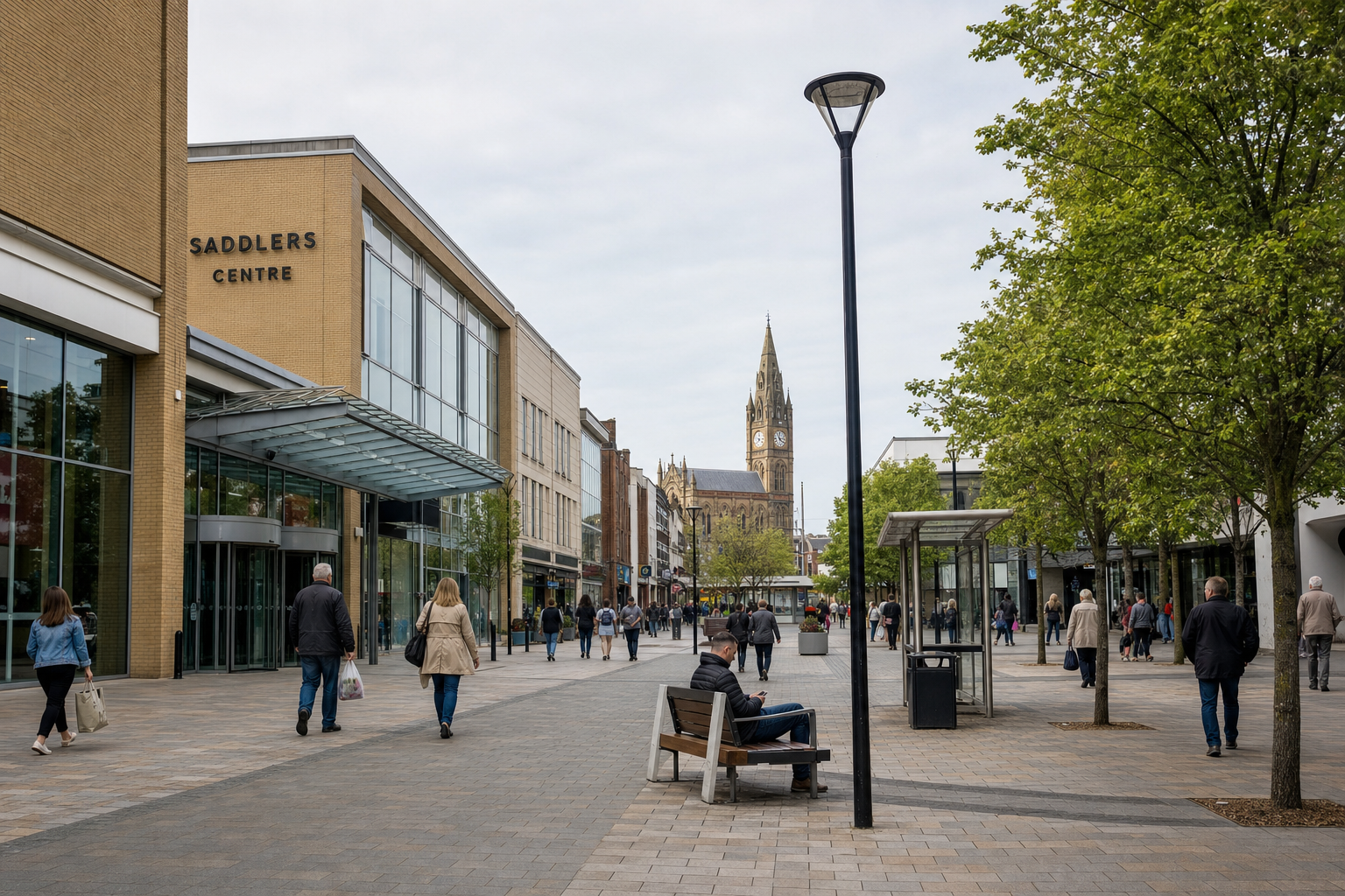 Pedestrians walk along a paved shopping street lined with trees and a clock tower in the distance.