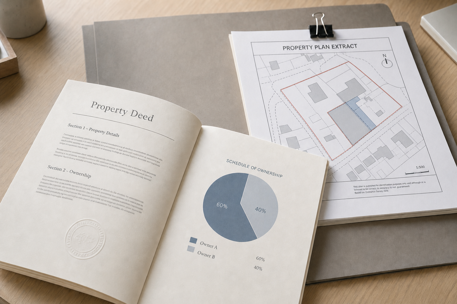 Property deed and plan extract on a desk, showing a pie chart of ownership distribution.