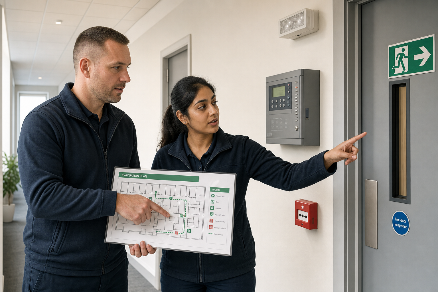 Two people in uniforms discuss an evacuation plan while pointing to a fire exit sign and a floor plan.