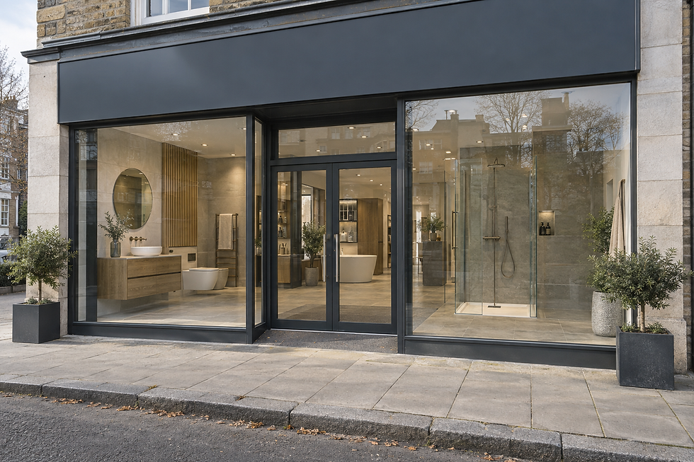 Bathroom showroom with large glass windows displaying modern fixtures and plants on an urban street.