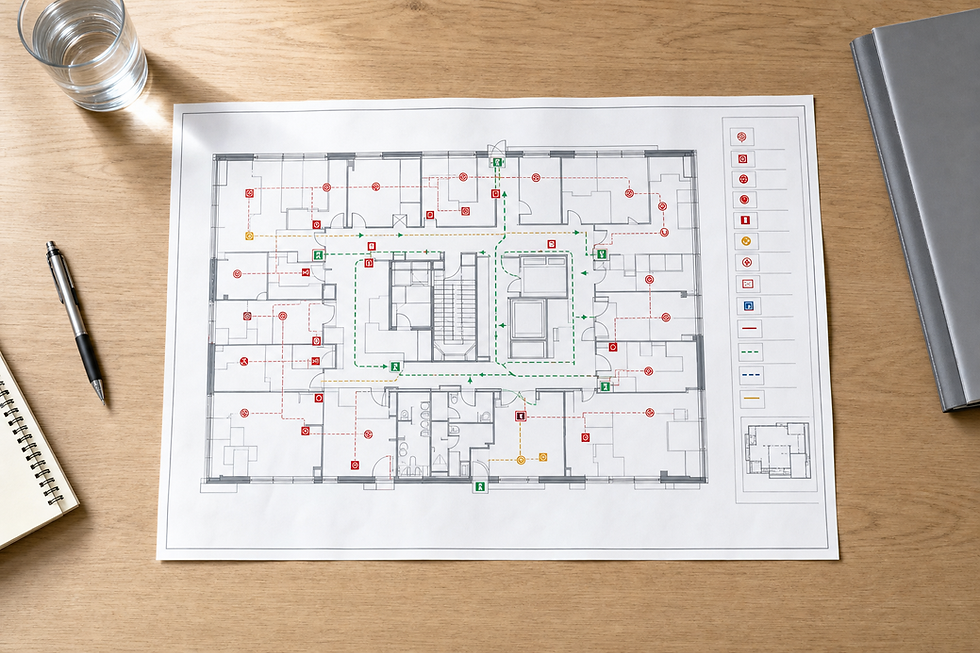 Architectural floor plan with emergency exit routes, surrounded by a notebook, pen, glass of water, and a folder on a wooden