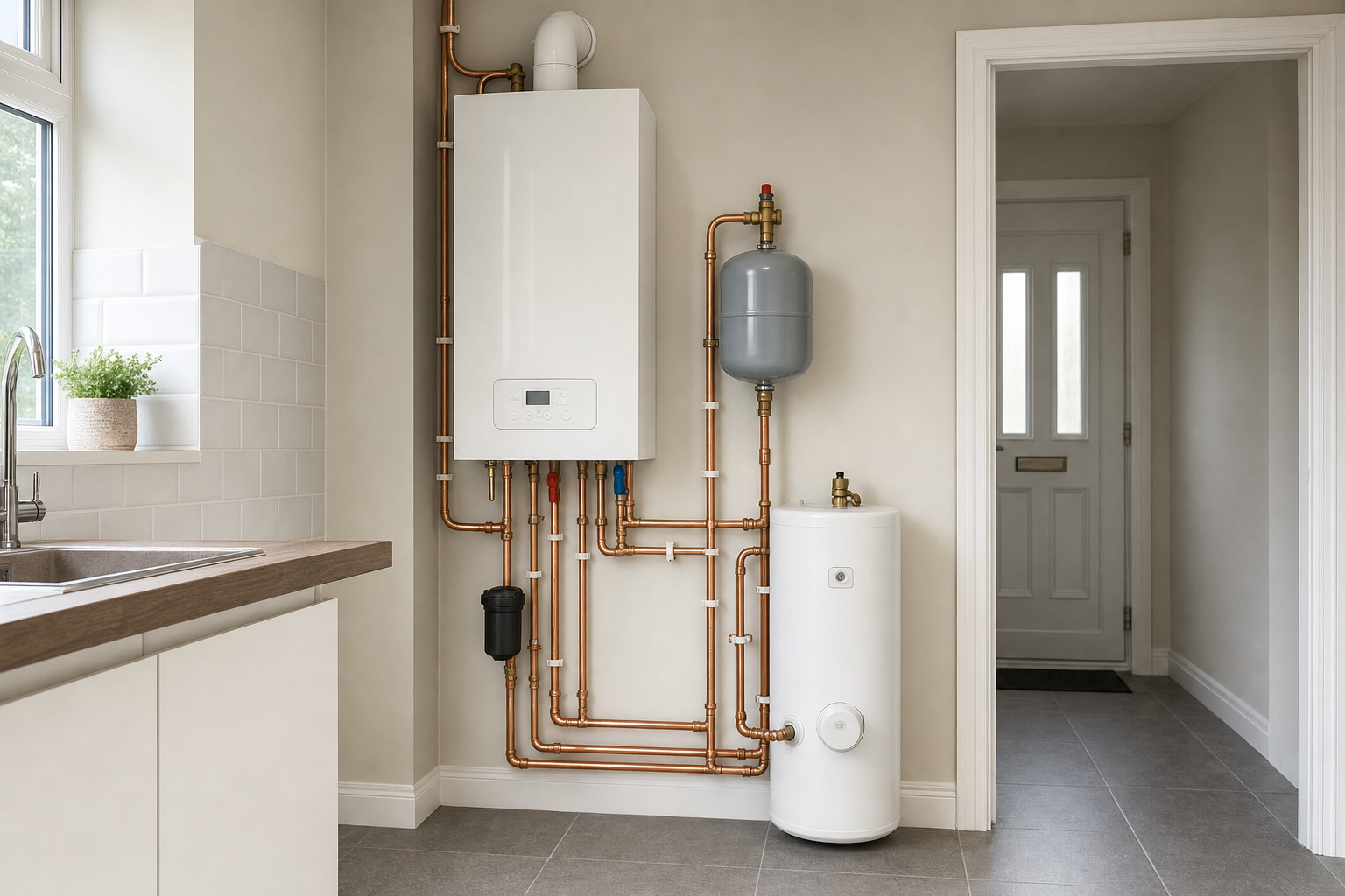 Modern boiler and water heater system with copper piping in a clean kitchen setting.