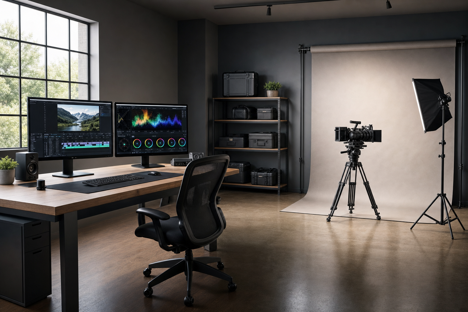 A modern film editing studio with dual monitors, a camera on a tripod, and softbox lighting in front of a backdrop.
