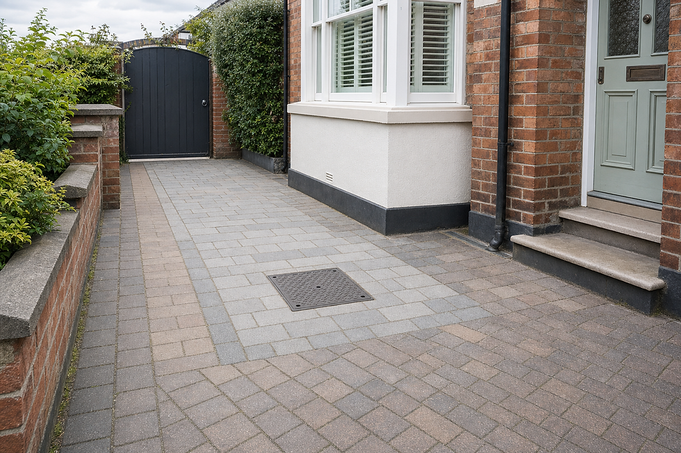 Brick and stone pathway leading to a black wooden gate beside a house with a pale green door.