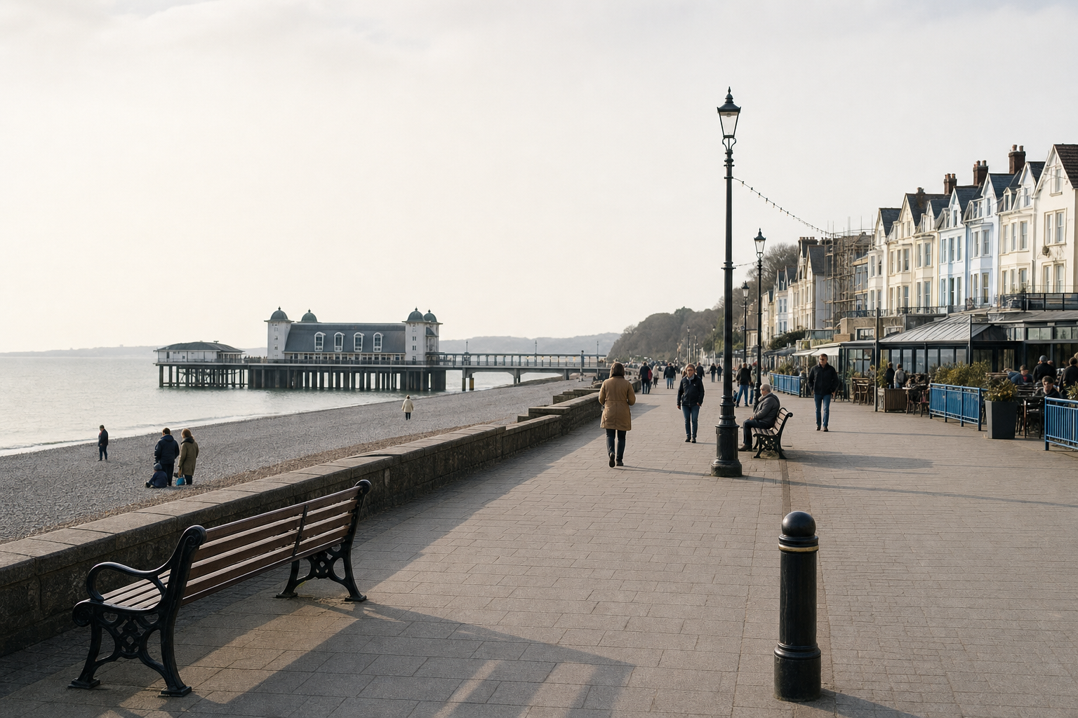 People strolling along a seaside promenade with a pier and Victorian-style buildings in the background.