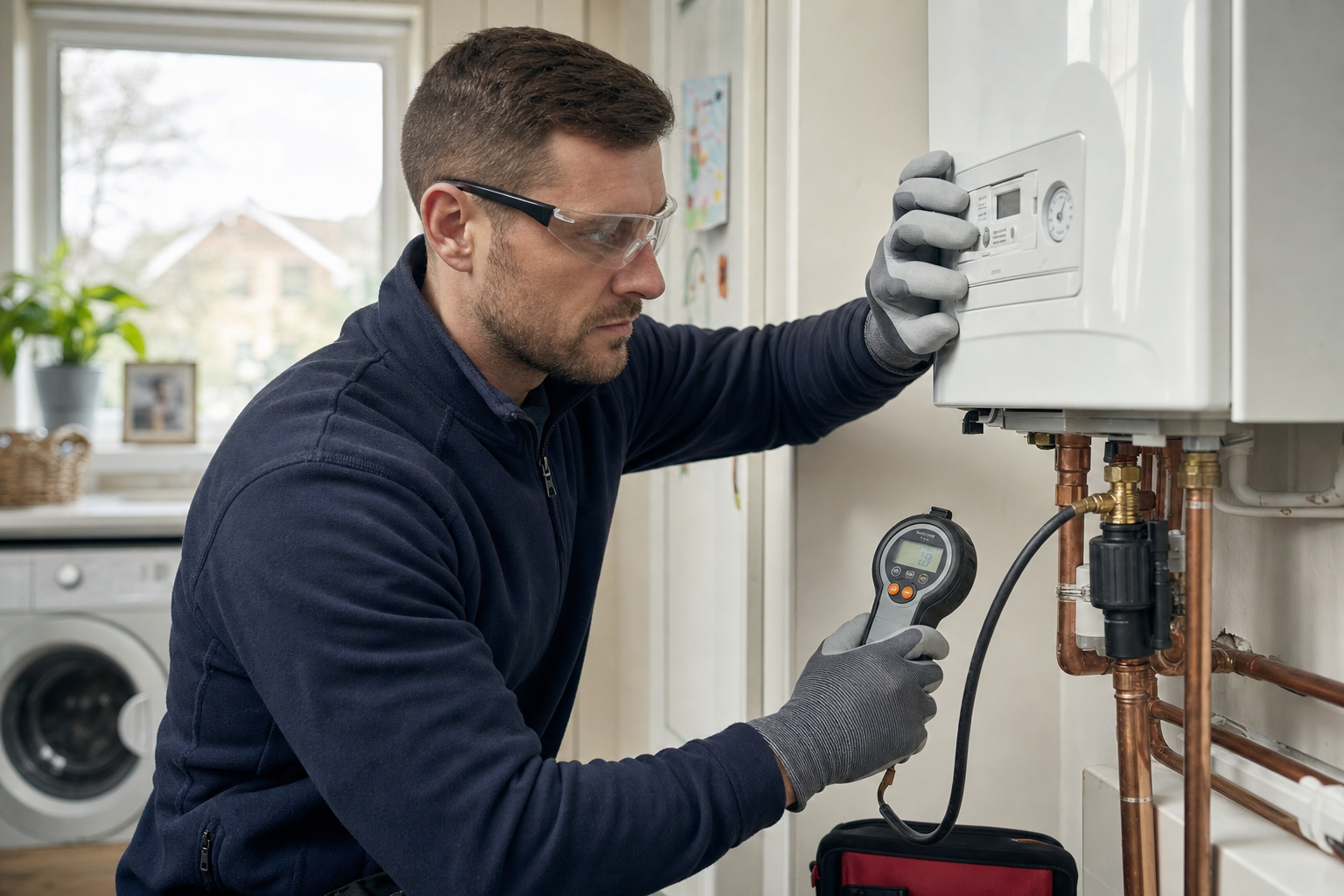 A plumber in protective eyewear and gloves checks a boiler's settings with a handheld device in a utility room.