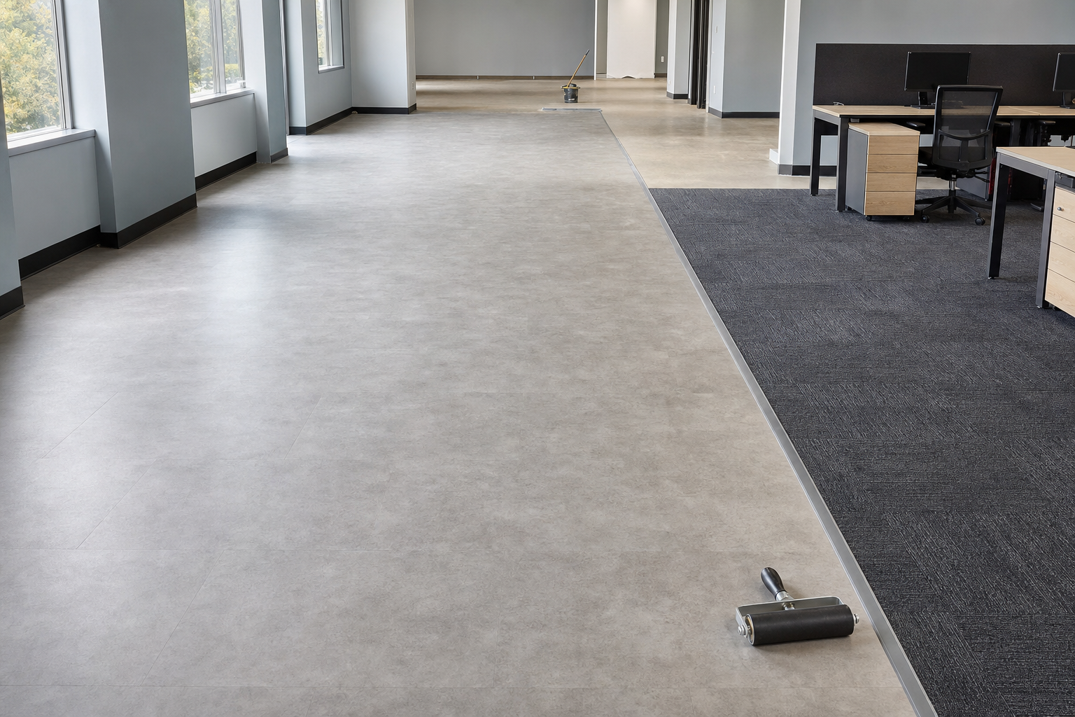 An office space undergoing renovation with new flooring partially installed and a roller tool on the floor.