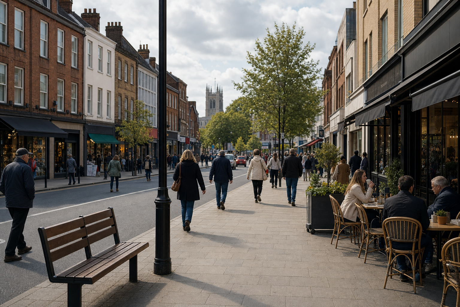 People strolling along a lively street lined with shops and outdoor café seating on a sunny day.