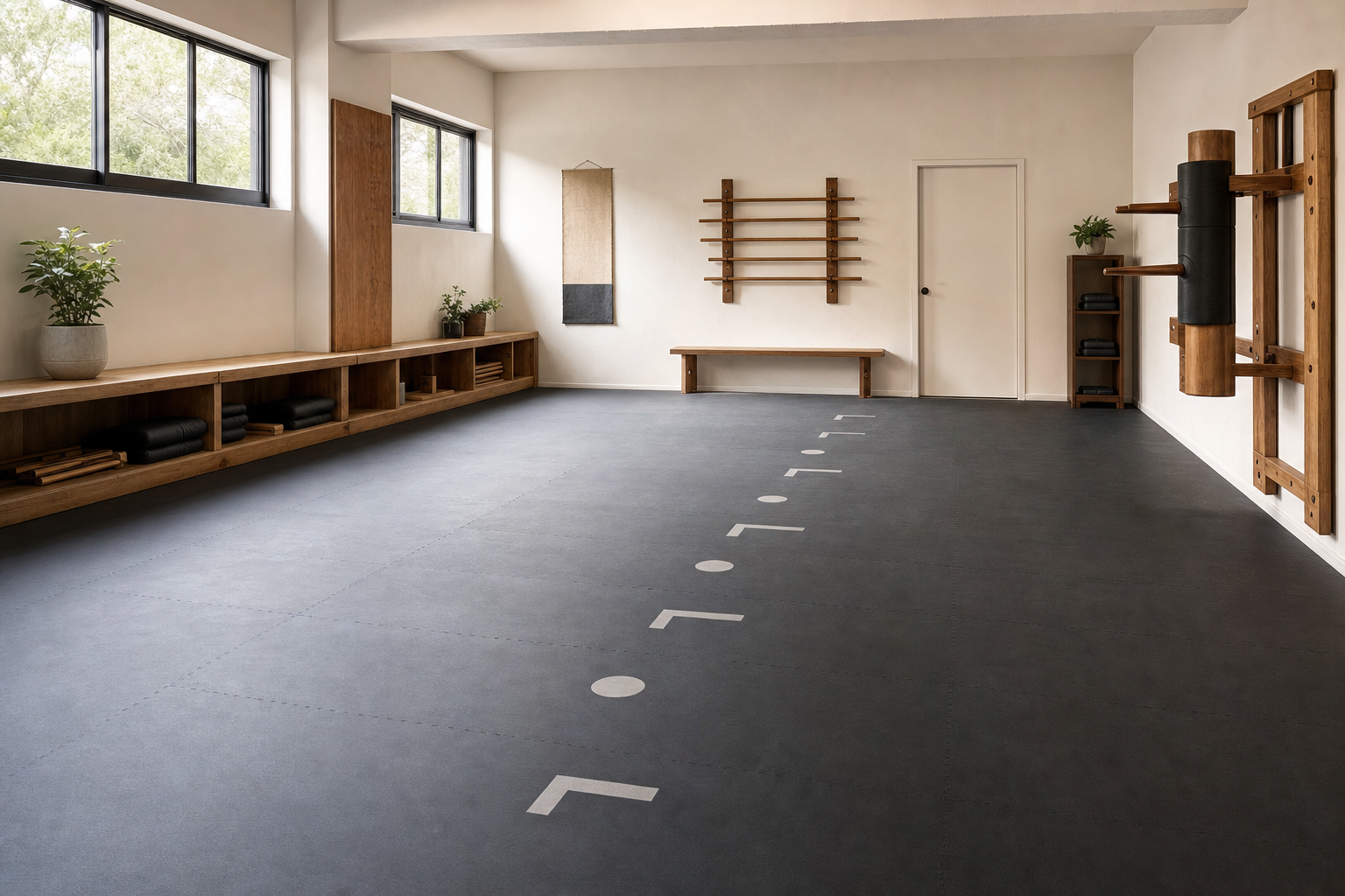 Minimalist martial arts studio with wooden equipment, wall decor, and neatly arranged black mats on the floor.