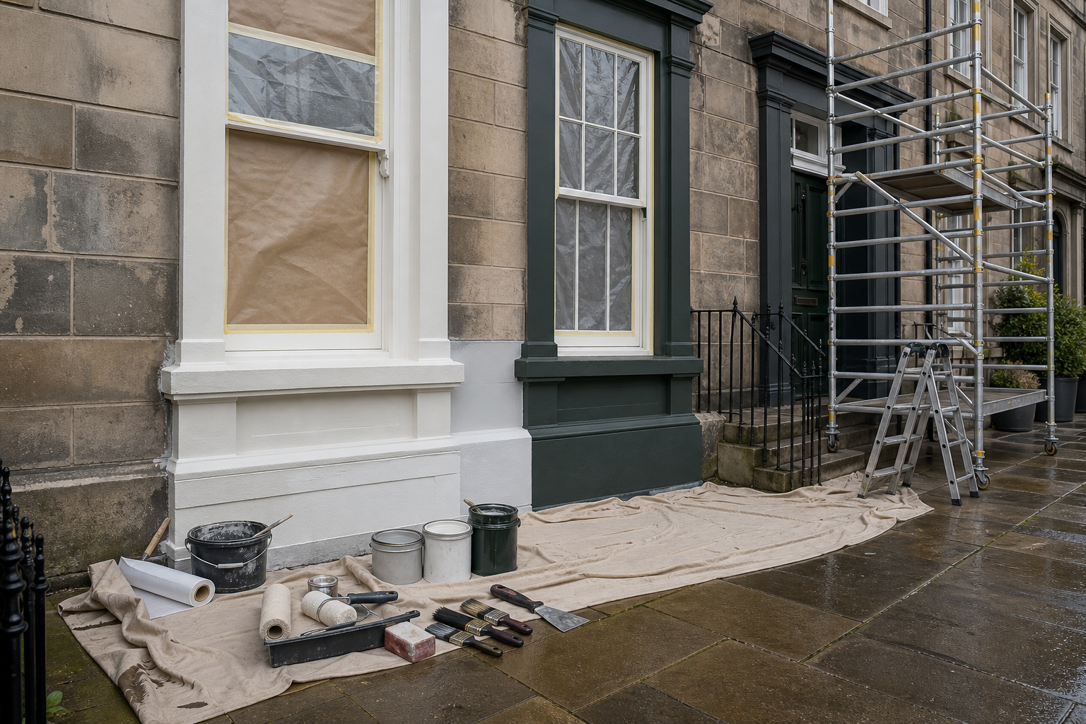 Exterior wall painting setup with scaffold, ladder, and painting tools on a tarp-covered sidewalk.