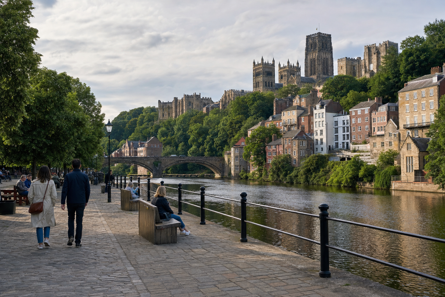 People stroll alongside a riverside promenade with a historic cathedral and buildings in the background.