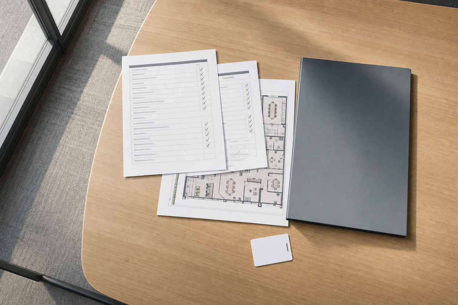 A wooden table displaying architectural plans, a checklist, a grey folder, and an access card.