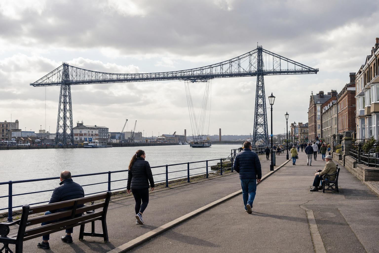 People walking along a riverside promenade with a large transporter bridge in the background.