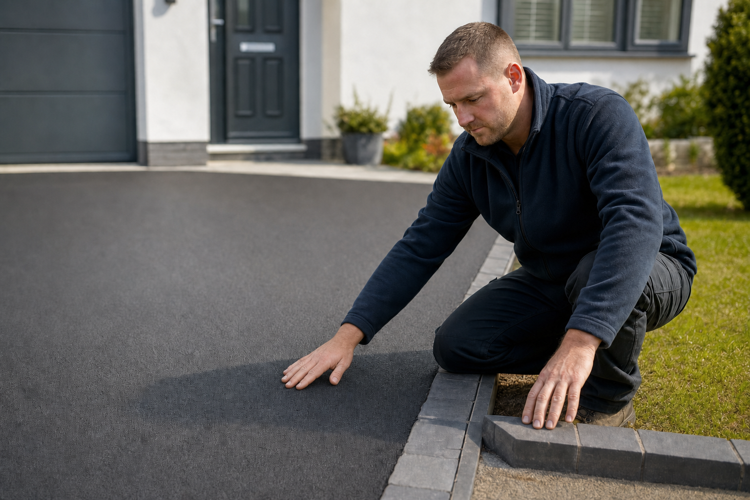 A man inspects a freshly laid tarmac driveway in front of a modern house.