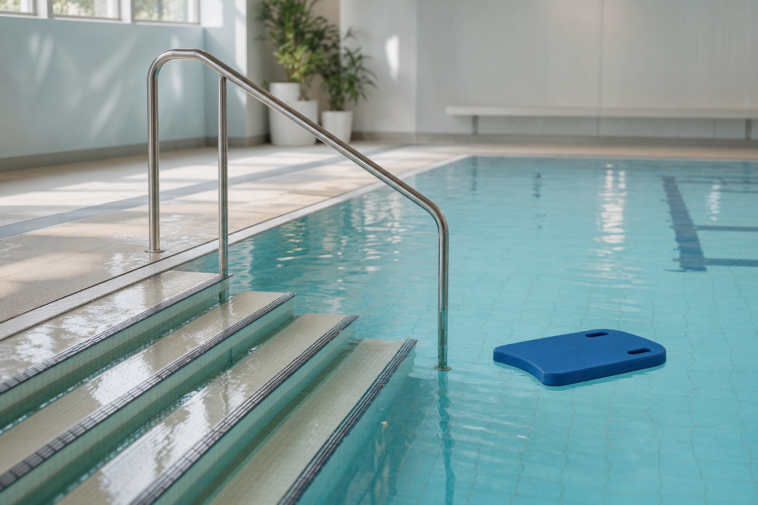 Stainless steel handrail and steps lead into a calm indoor swimming pool with a blue kickboard floating nearby.
