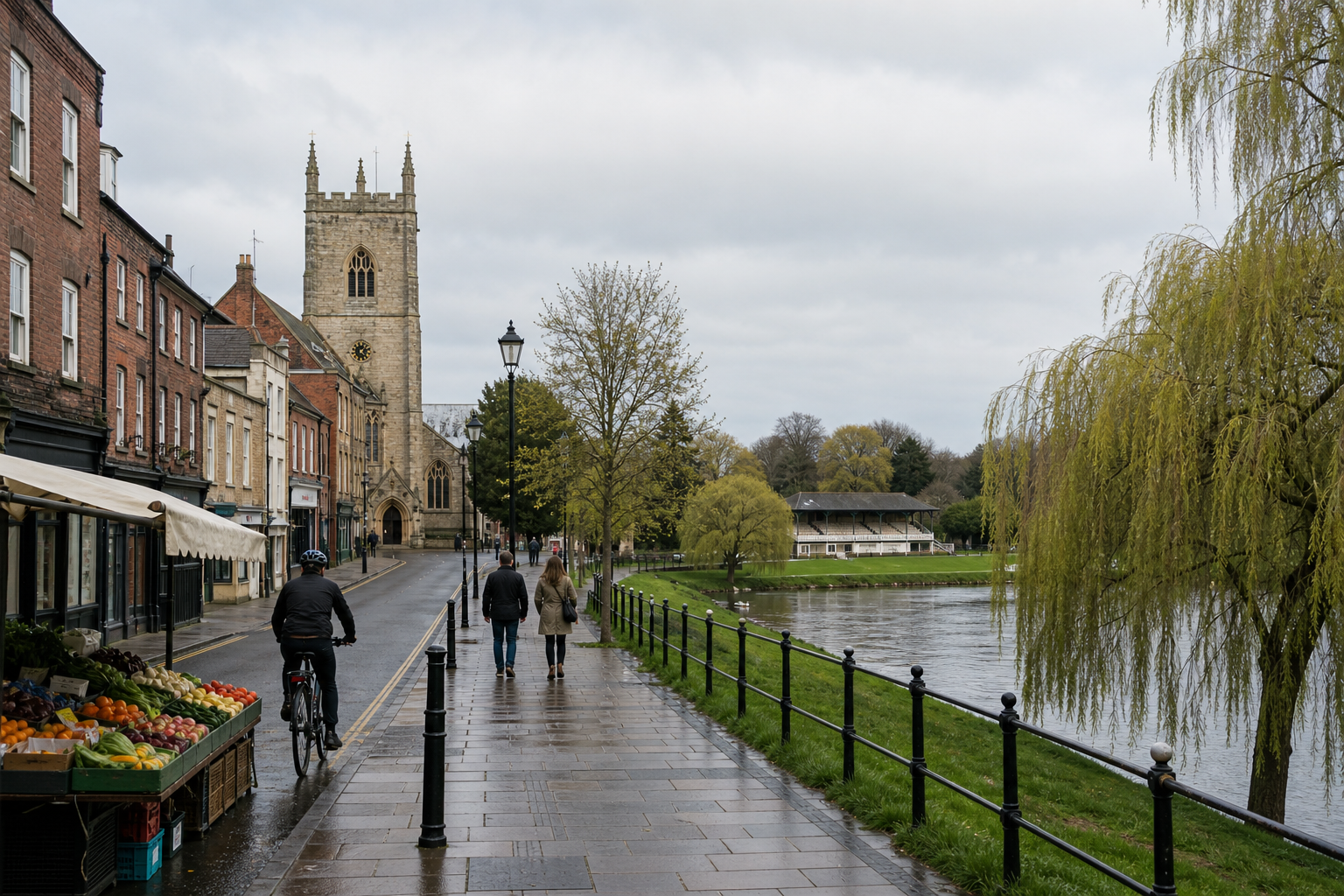 Cyclist and pedestrians on a riverside path with a church and market stalls nearby.