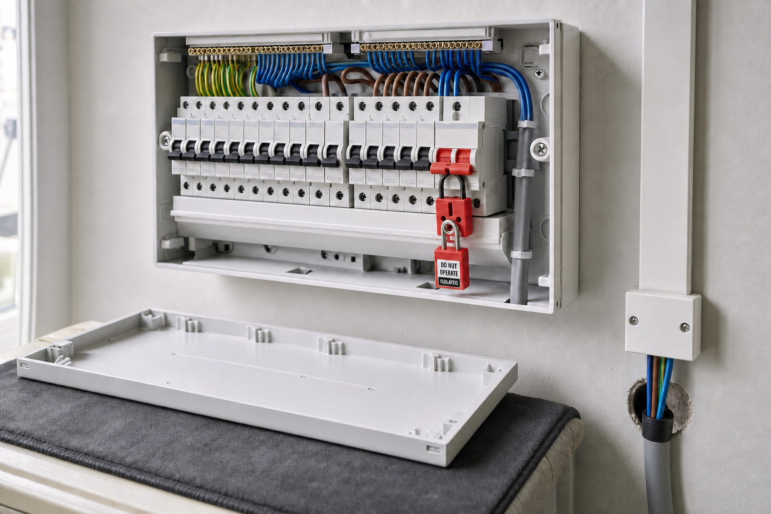 Open electrical panel with circuit breakers and a lockout tag reading "Do Not Operate Isolated".