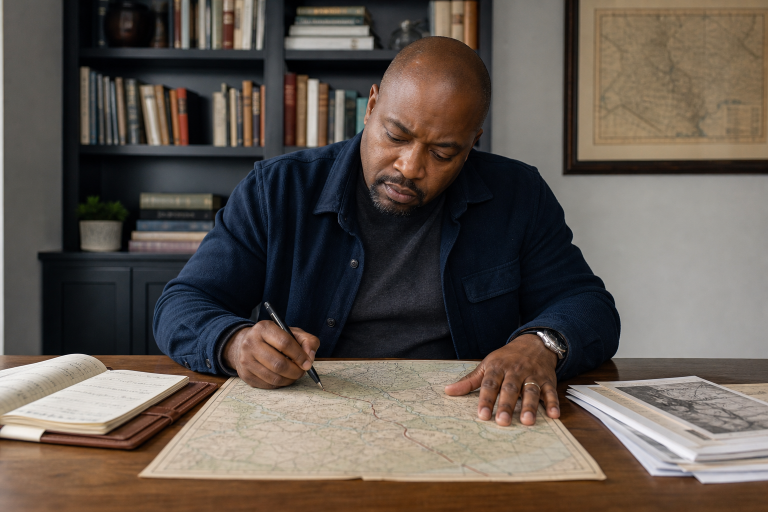 Man studying a map at a desk, surrounded by books and documents, with a bookshelf in the background.