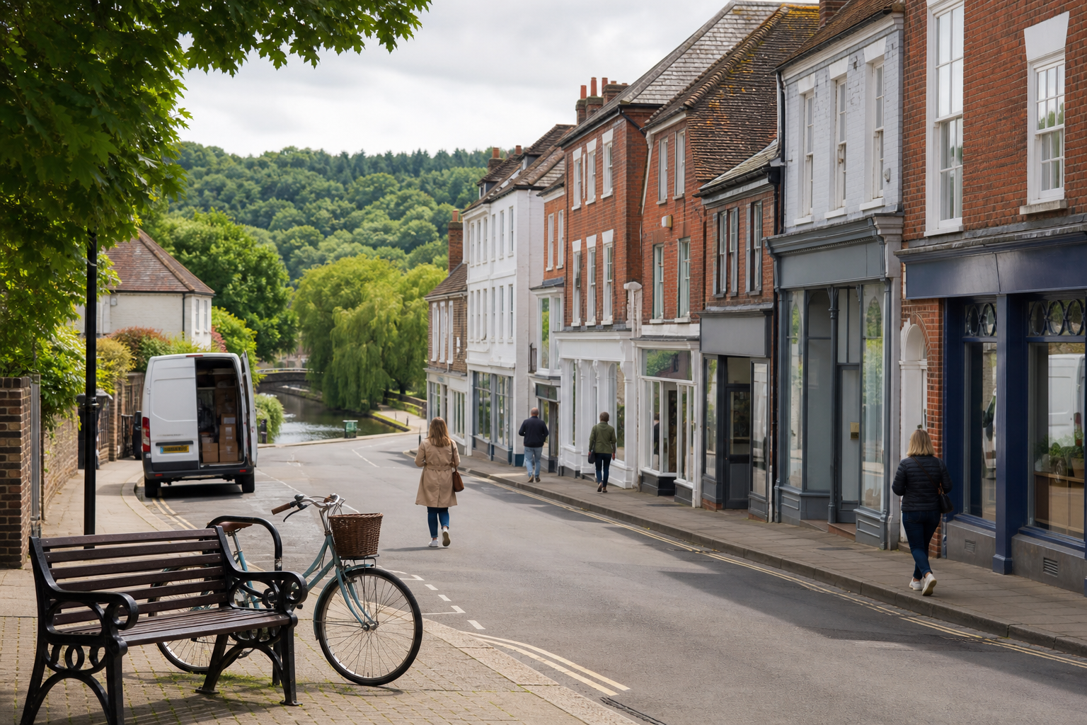 A quaint street with people walking, a bench, a bicycle, and a river alongside brick buildings.
