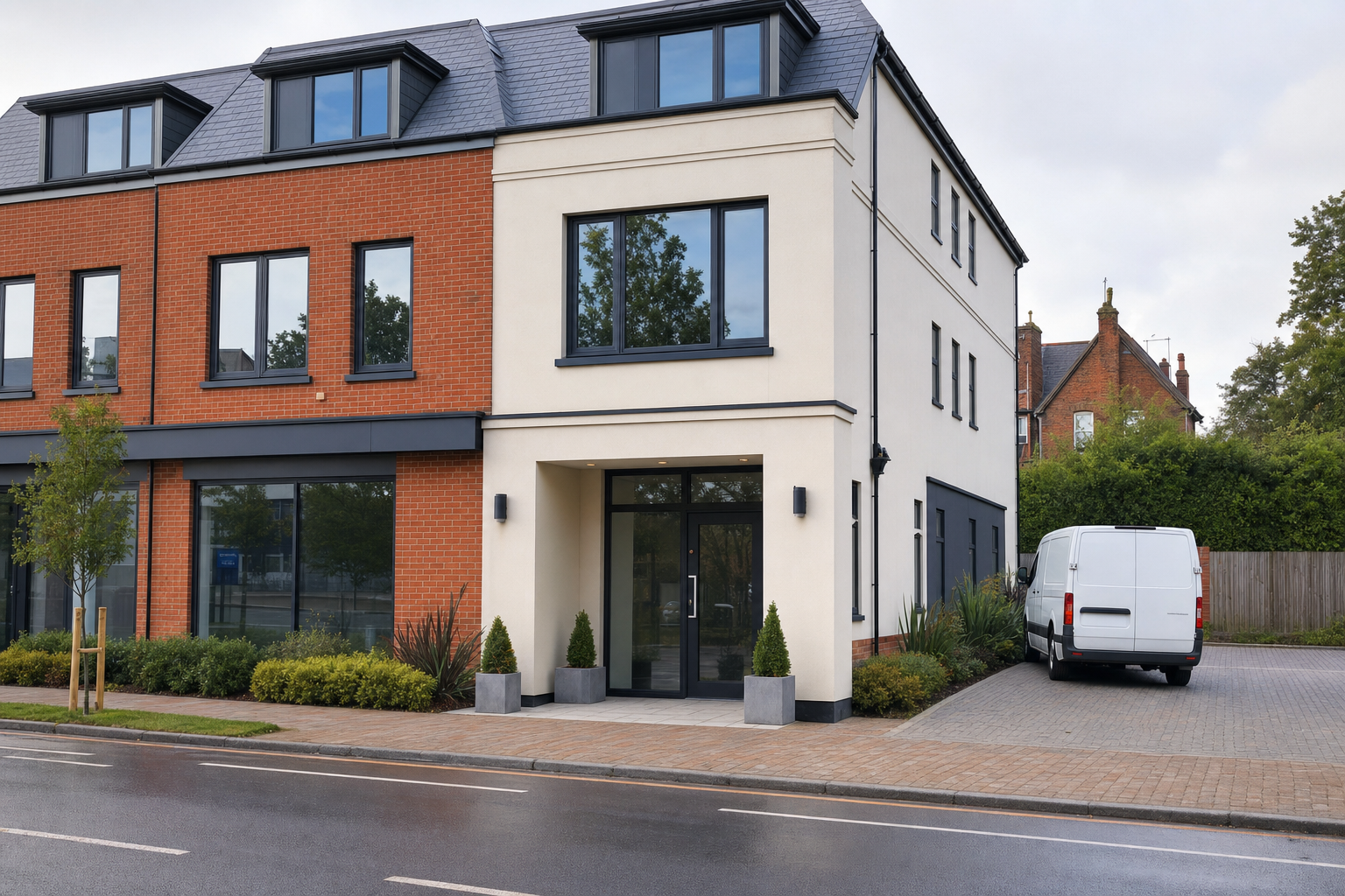 Modern townhouse with red brick and cream facade, featuring large windows and a white van parked on the driveway.