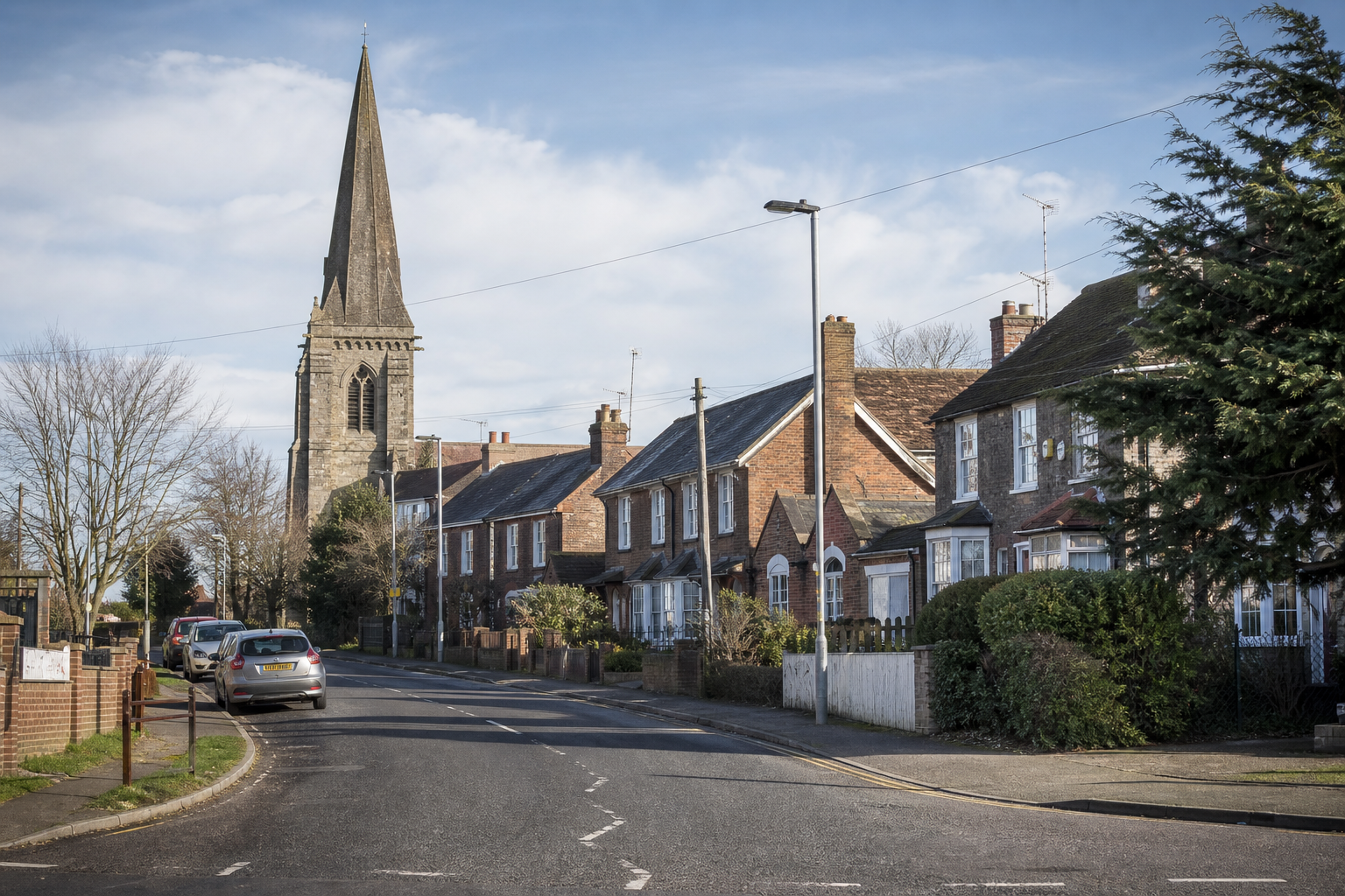 Quaint street lined with brick houses and a tall church spire under a blue sky.
