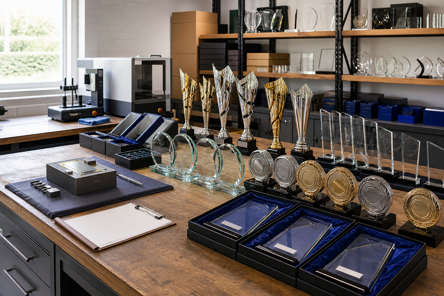A workshop table with various trophies, plaques, and awards displayed neatly.