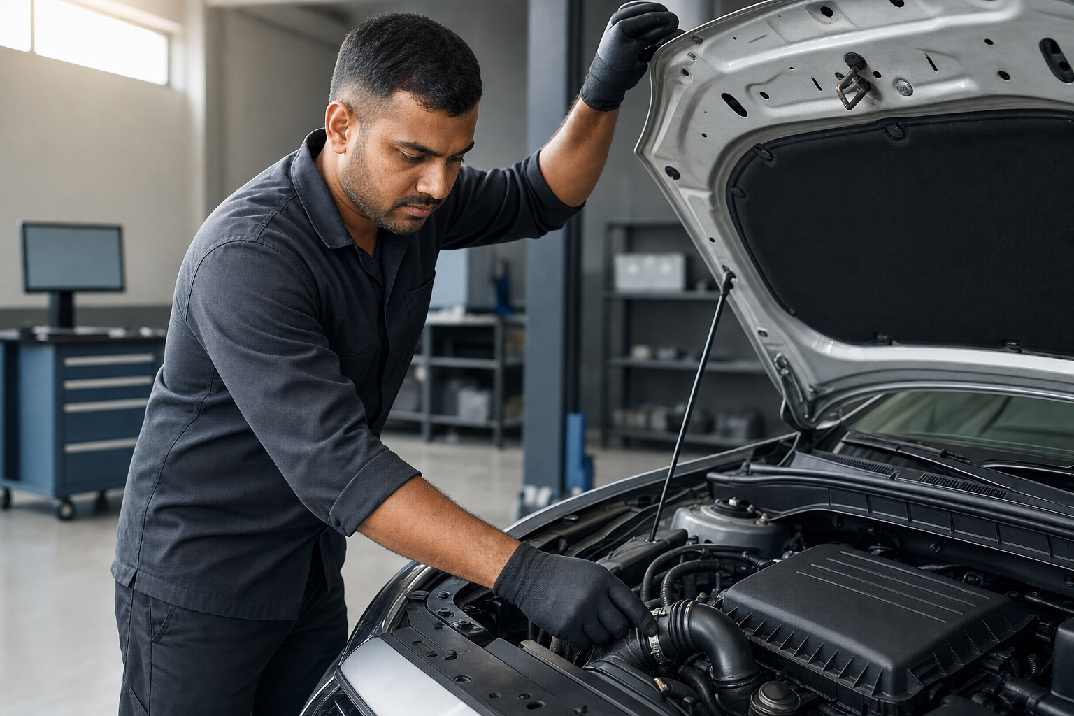 Mechanic in a garage wearing gloves and a uniform, inspecting a car engine.