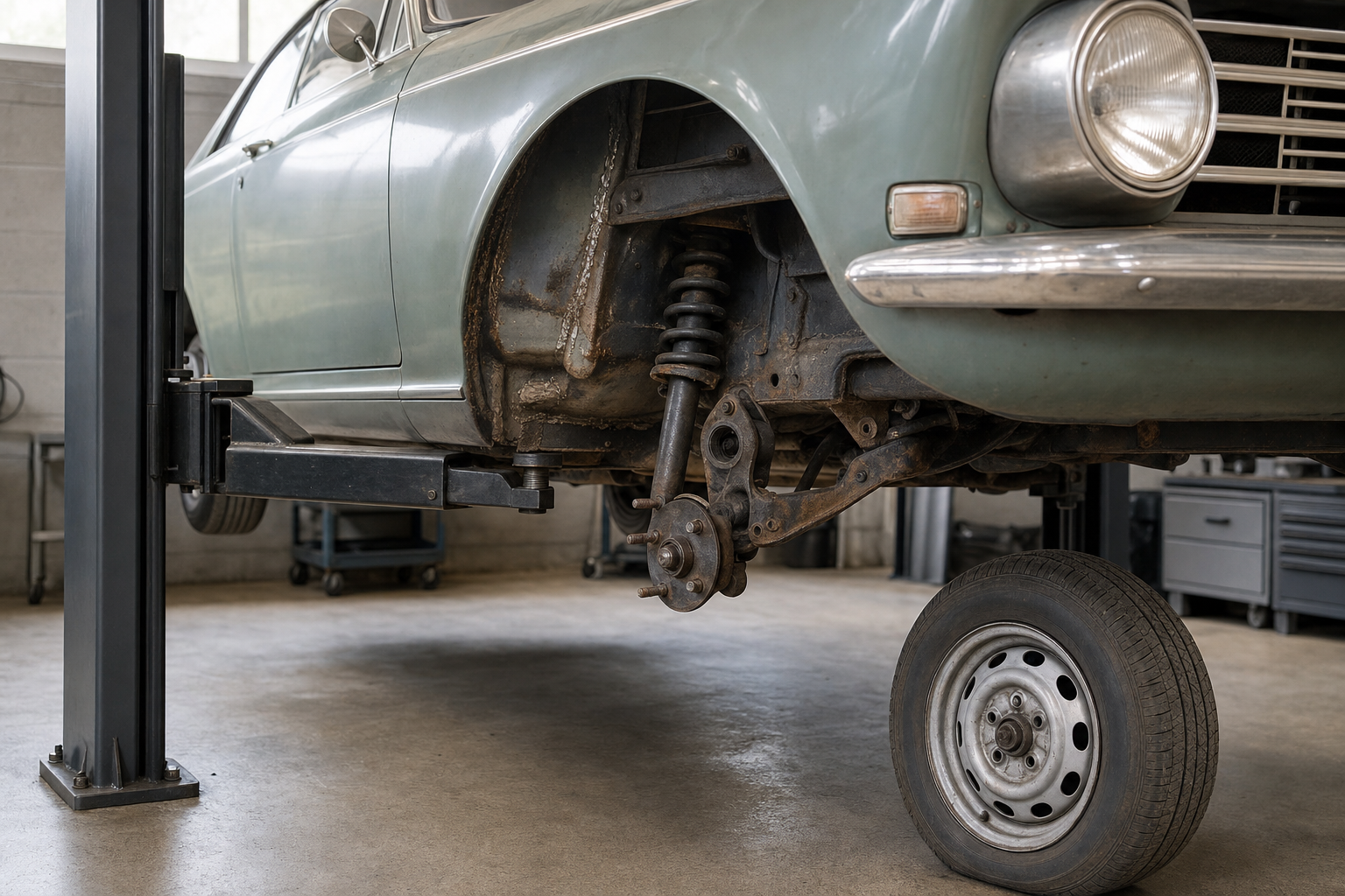A vintage car on a lift with its front wheel removed, showcasing exposed suspension components in a garage.