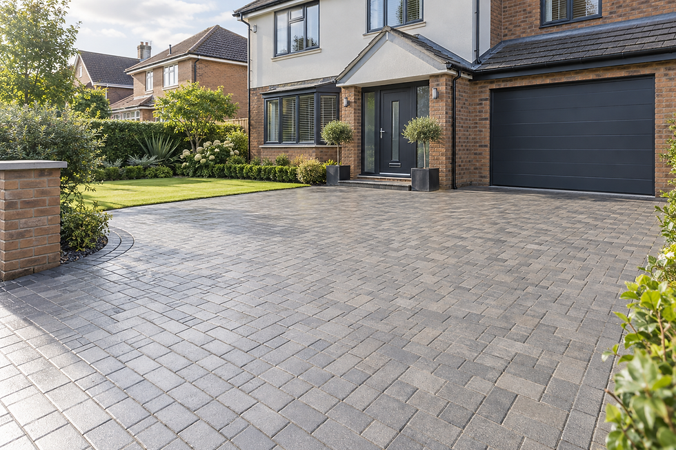 Modern detached house with a spacious block-paved driveway and well-maintained garden under a clear sky.