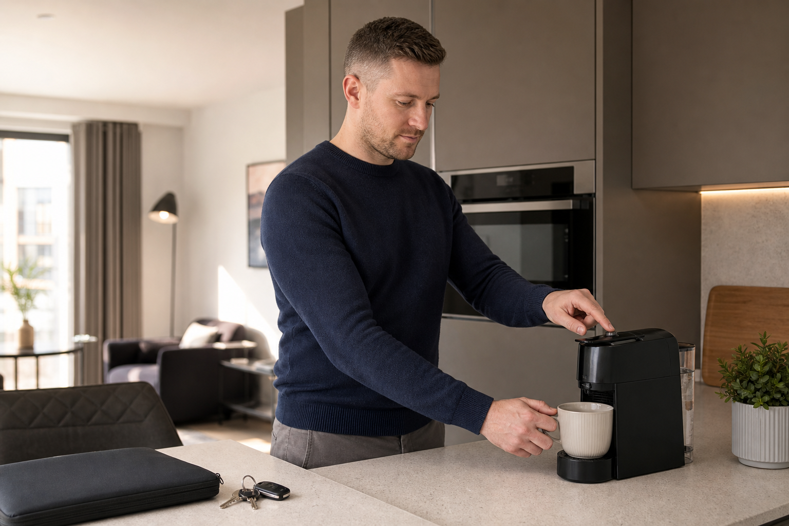 A man prepares coffee using a machine in a modern kitchen with a laptop and keys on the counter.