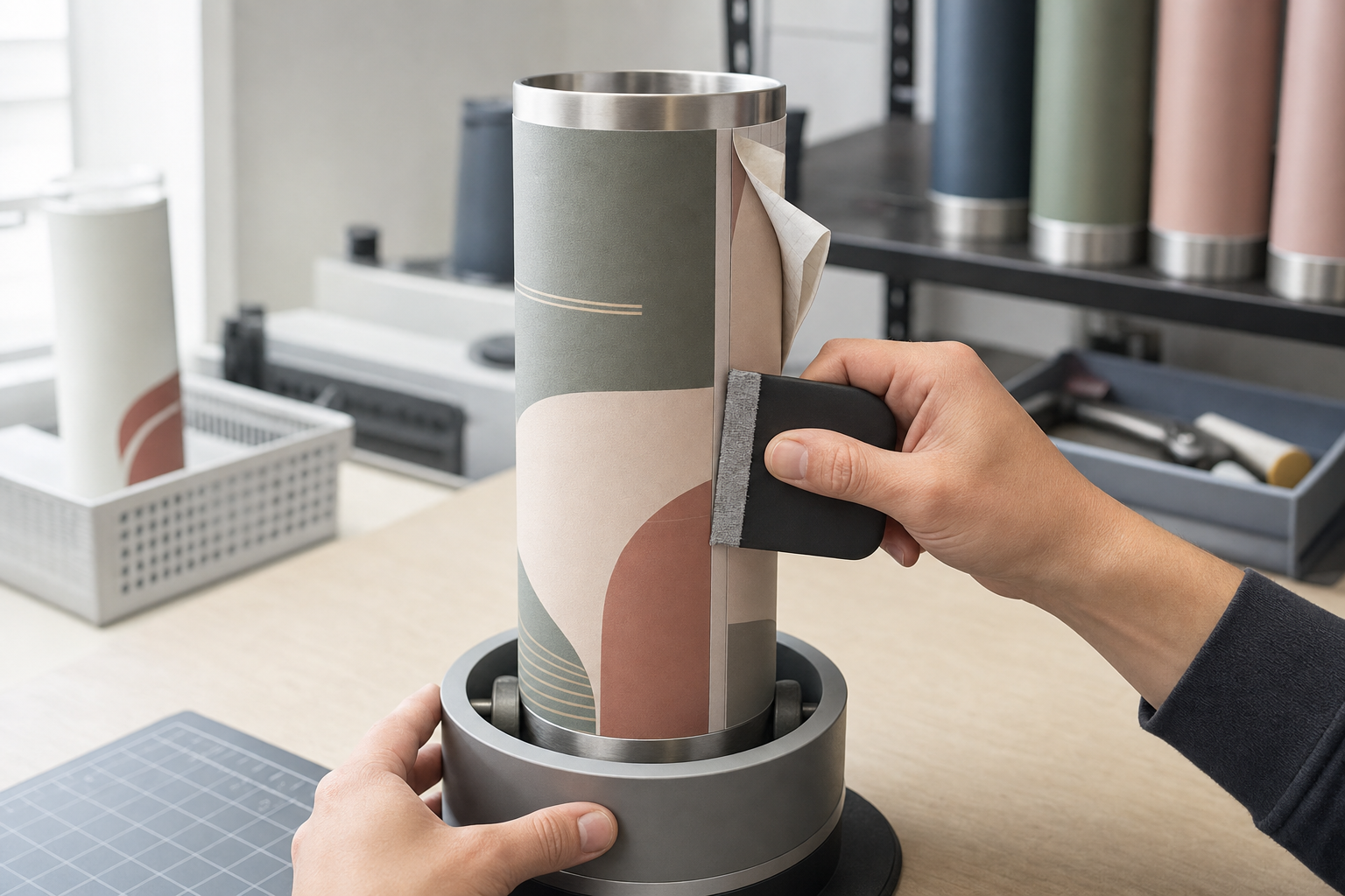 Hands smoothing a decorative film onto a cylindrical device in a workshop setting.