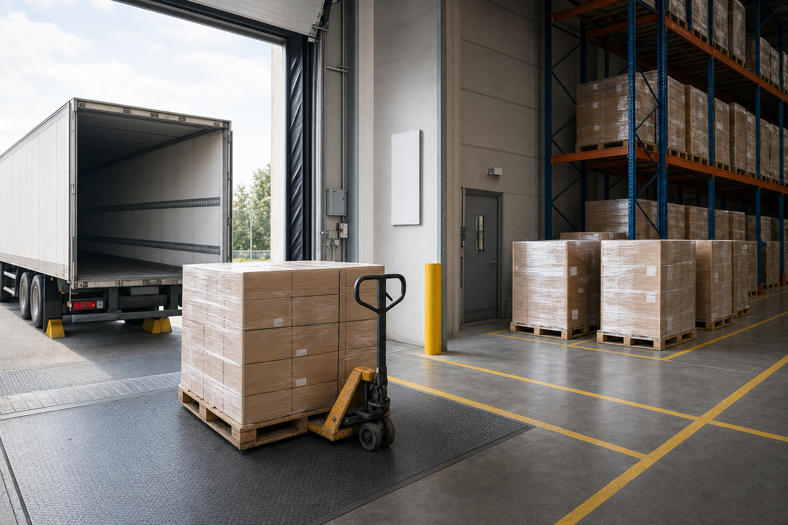 A pallet loaded with boxes stands beside a lorry at a warehouse loading dock.
