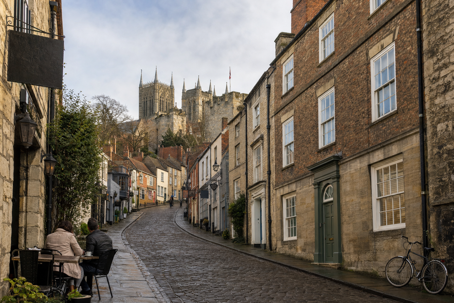 Two people sit at an outdoor café on a cobbled street leading up to a historic cathedral in a quaint British town.