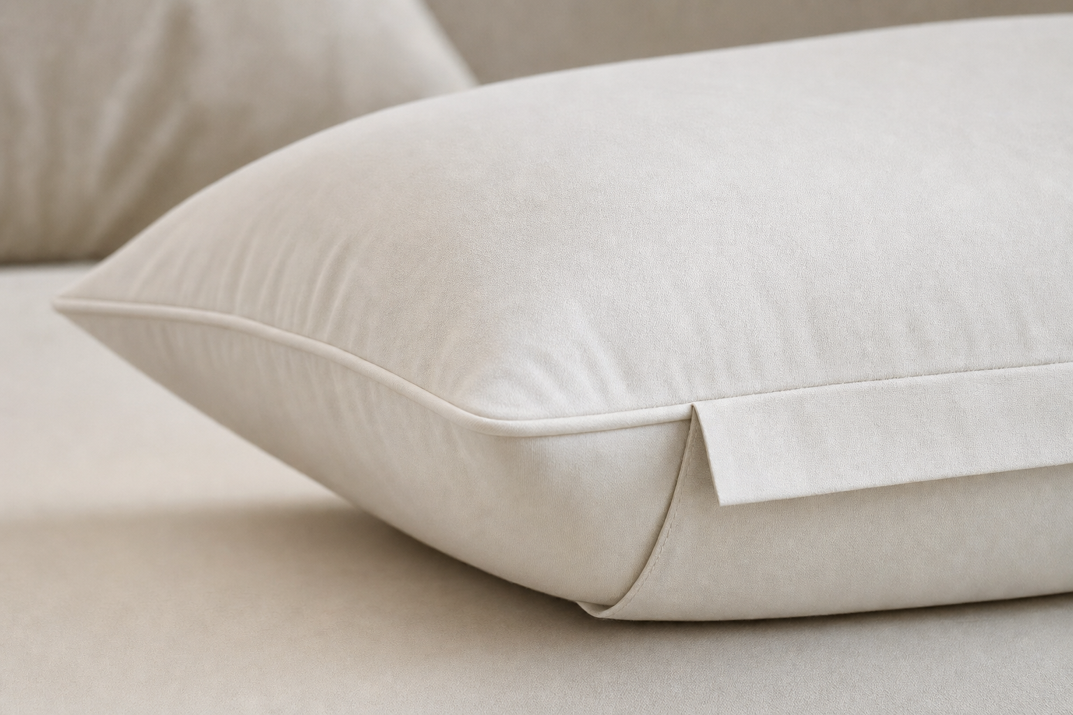 Close-up of a cream-coloured cushion on a matching sofa, highlighting fabric texture and stitching details.
