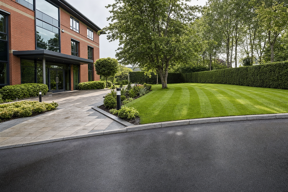 Modern red-brick building with large windows and landscaped garden featuring a neatly trimmed lawn and shrubs.