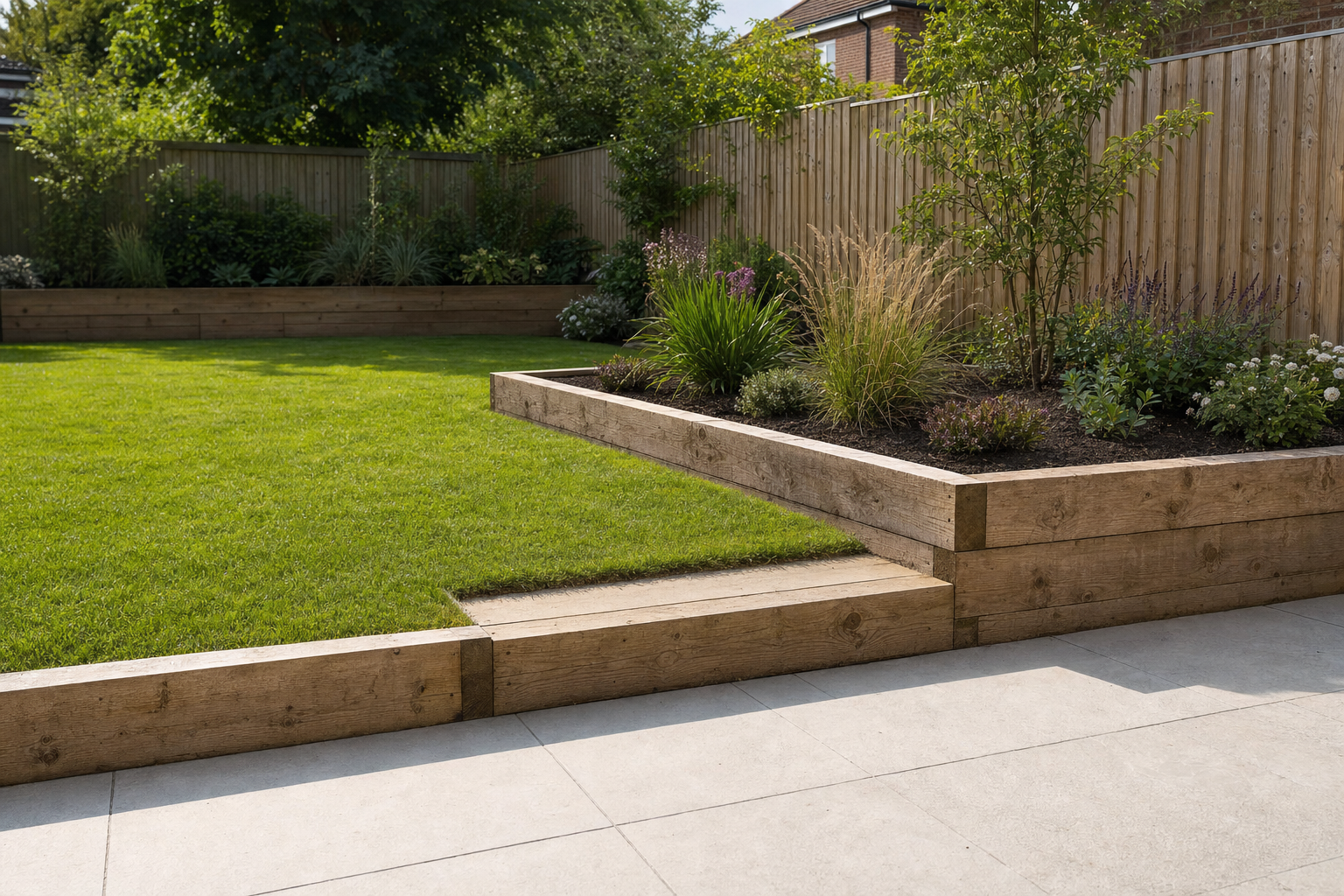 A neatly landscaped garden with levelled wooden planters, a lush green lawn, and a tiled patio area.