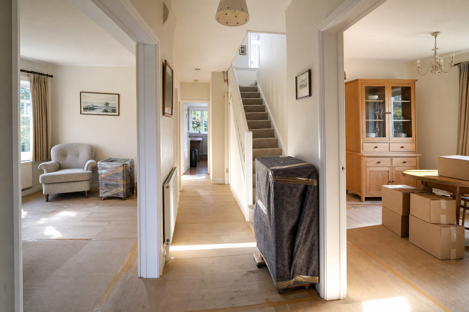 A hallway with moving boxes, furniture, and a staircase illuminated by sunlight, leading to different rooms.