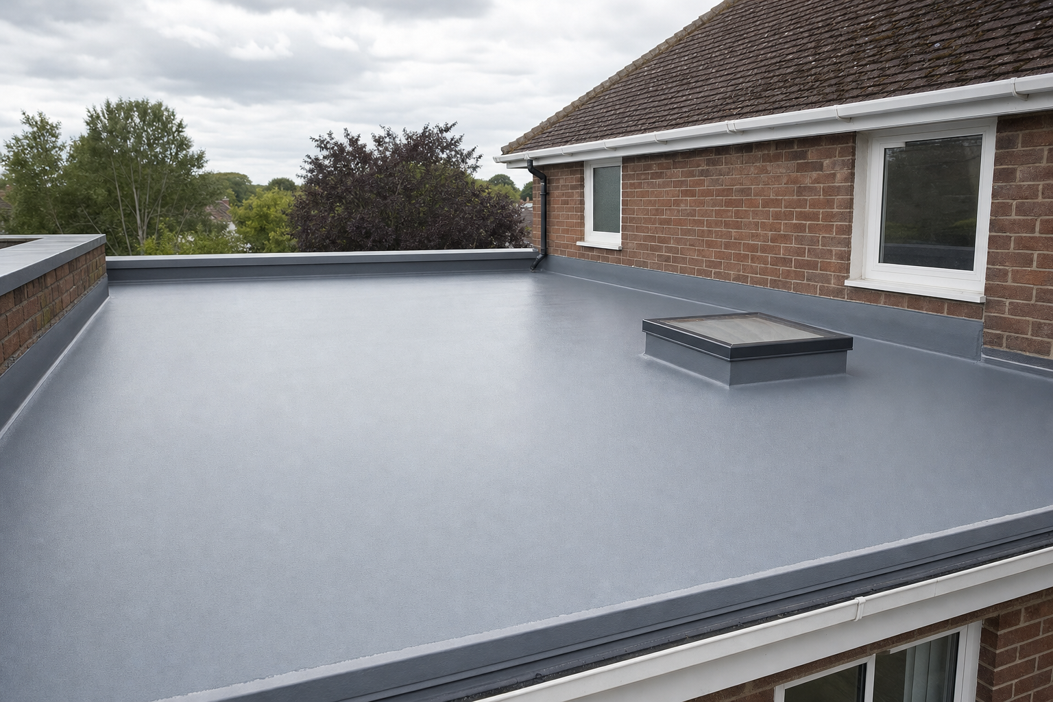 Flat roof on a brick house with a skylight, surrounded by trees under a cloudy sky.