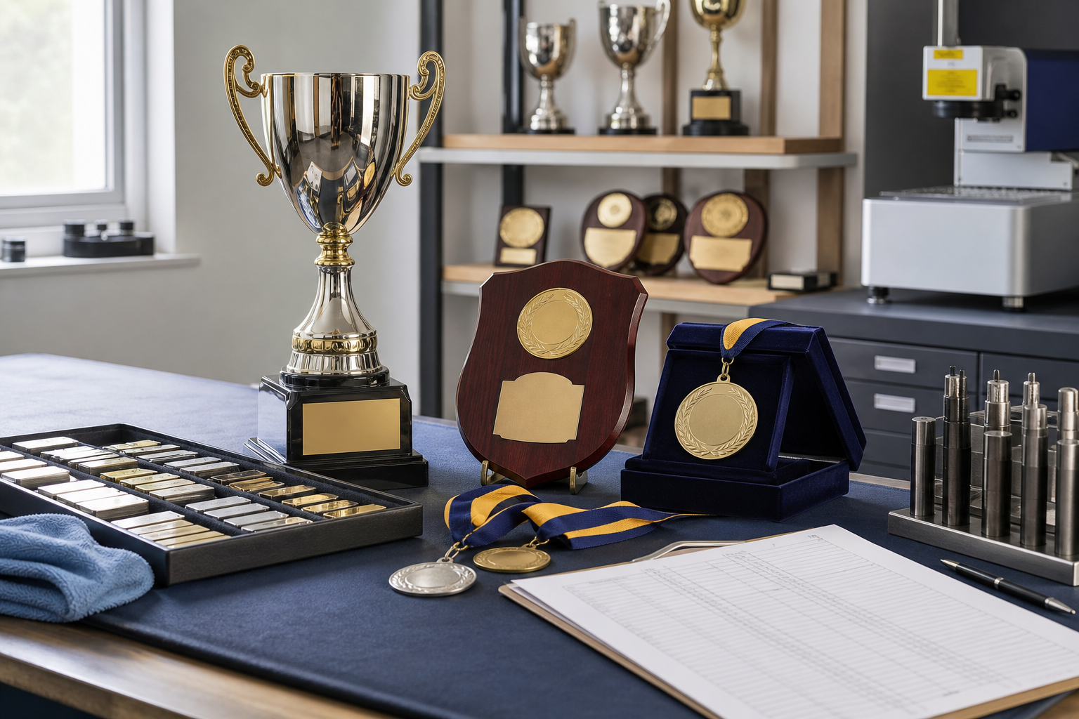Trophy, plaques, and medals displayed on a table in a modern workspace.