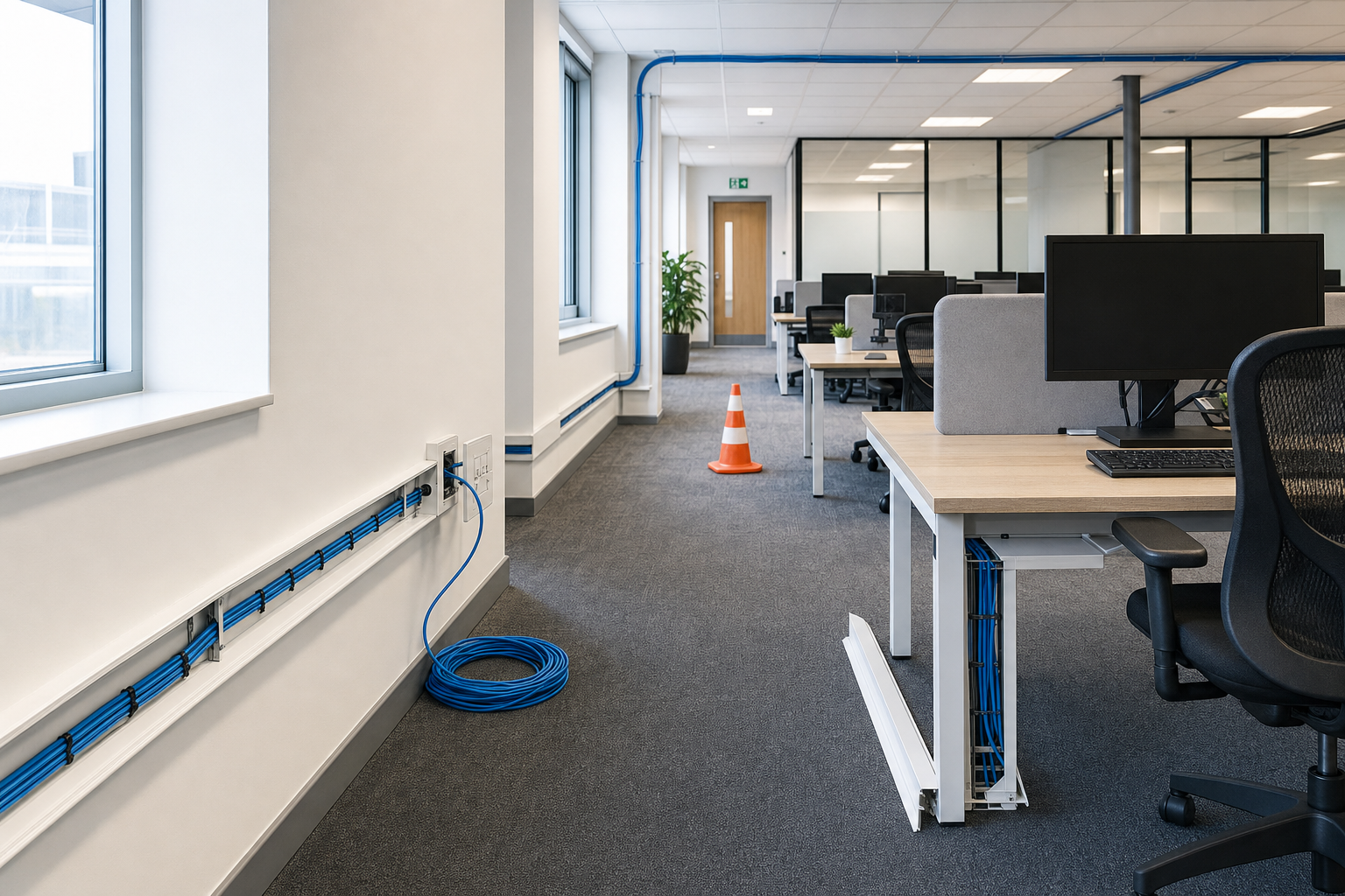 Modern office with organised cables, black monitors, grey dividers, and an orange traffic cone in the aisle.
