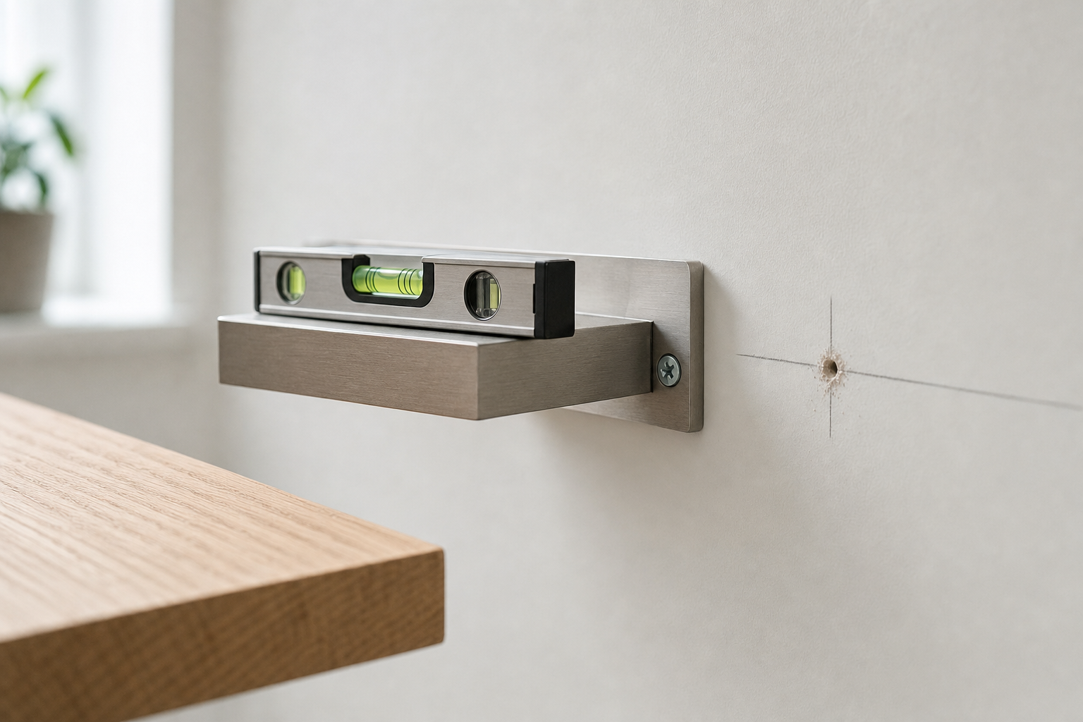 A spirit level rests on a bracket mounted on a wall, with a nearby wooden surface in view.