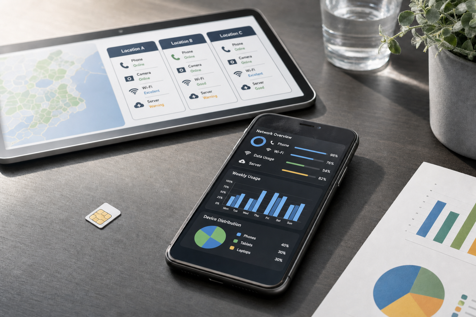 Smartphone displaying network data charts next to a tablet and SIM card on a desk.